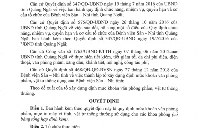 Quyết định V/v ban hành Qui định mức khoán văn phòng phẩm, vật tư thông dụng